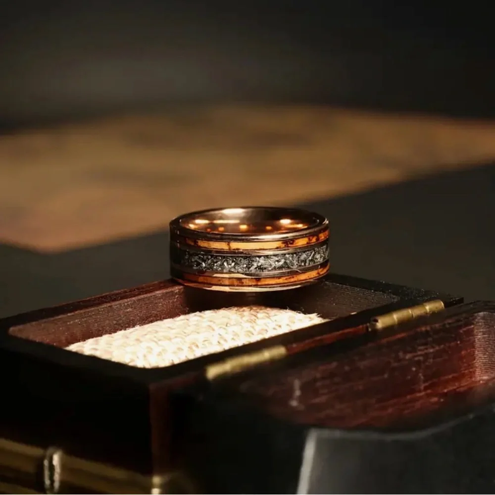 Men's Stainless Steel Wood Inlay Ring with Meteorite Accent Rose Golden Color - Picture 4 of 11